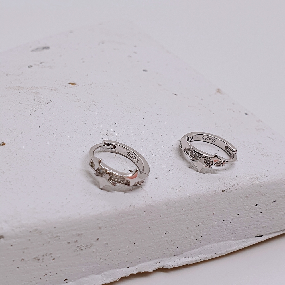 Rhodium Plated Over 925 Sterling Silver Celestial Diamante Crystal Hoop Earrings - Picture 2 of 5